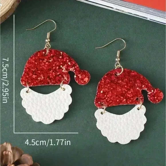 Faux Leather Christmas Santa Hat and Beard Dangle Earrings - Picture 2 of 3
